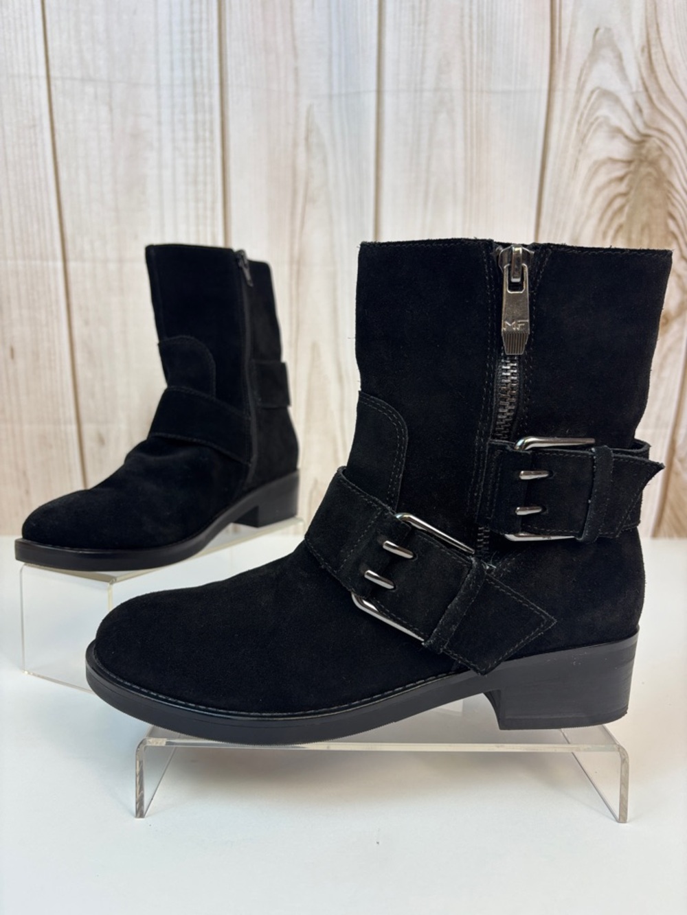 Marc Fisher Parole Ankle Boots Suede Leather Biker Moto Buckle Black Size 6.5